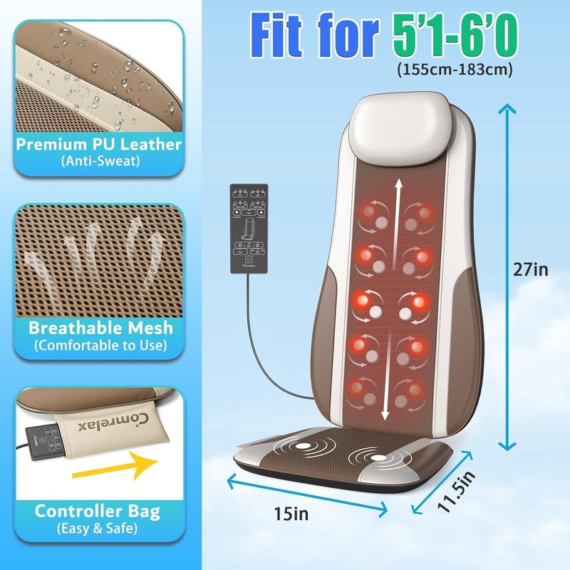 Comrelax Shiatsu Back Massager with Heat Deep Tissue Cushion 2 Vibration Motor gallery