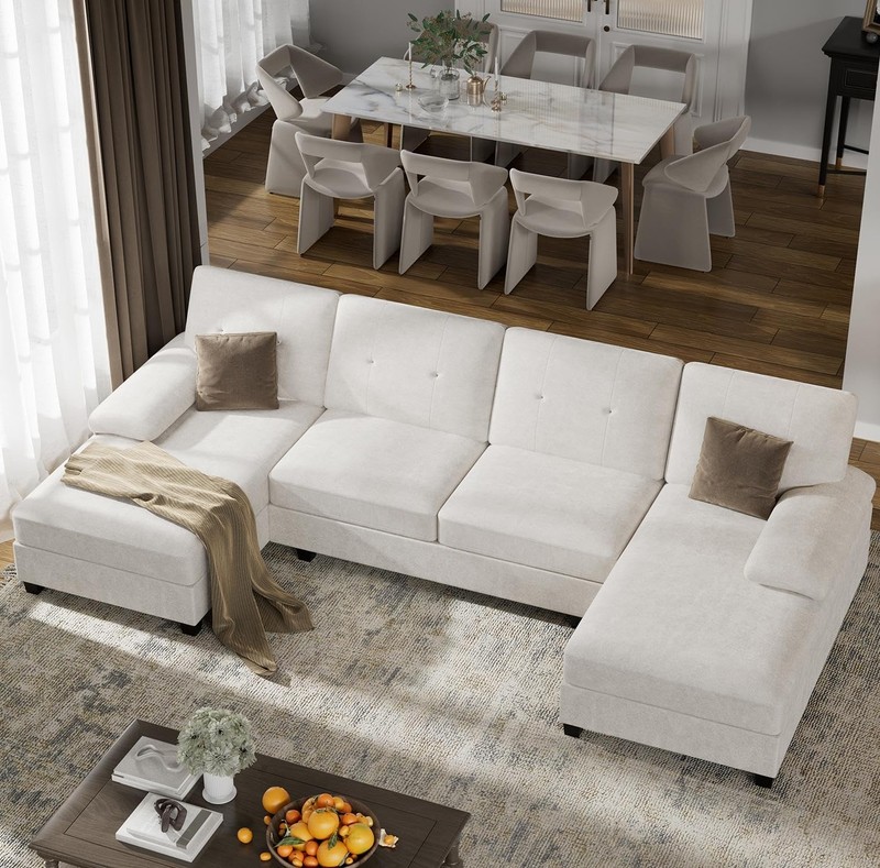 U-Shaped Sectional Couches for Living Room, 4 Seat Sofa with 105 Inch, White