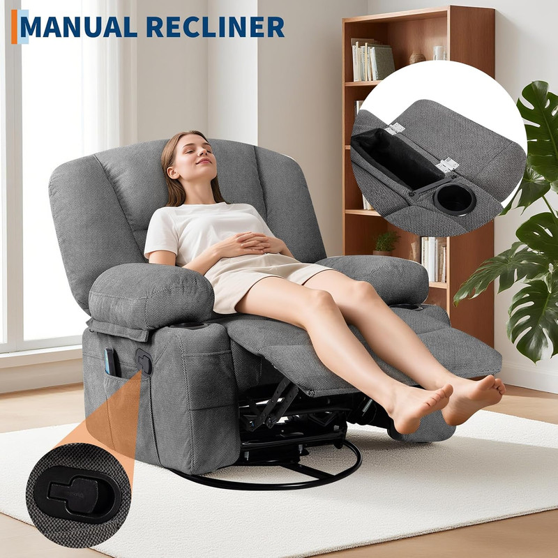 Oversized Grey Recliner Chair with Heat, Vibration, Swivel & Cup Holders gallery