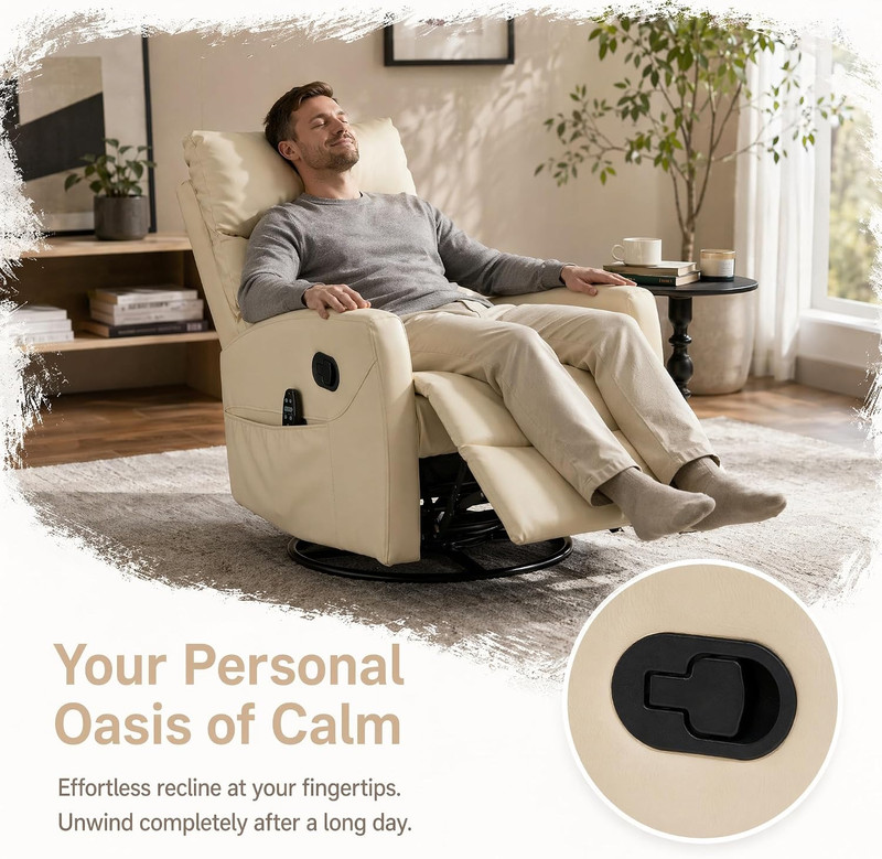 Beige Heat Massage Recliner Chair with 360 Swivel and 8-Point Vibration gallery