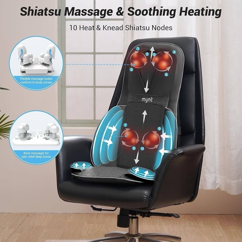 Mynt Shiatsu Neck And Back Massager For Chair With 10 Deep Kneading Modes