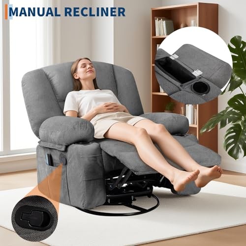 Oversized Wide Recliner Chair-Heat and Vibration Massage, 360° Chenille/Grey gallery