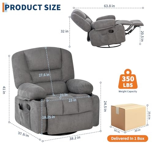 Oversized Wide Recliner Chair-Heat and Vibration Massage, 360° Chenille/Grey gallery