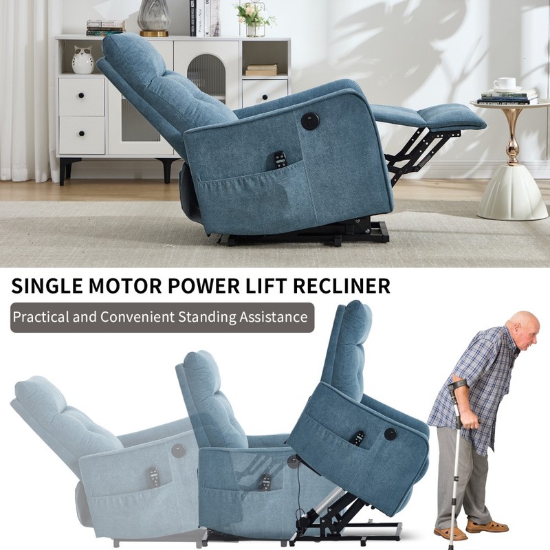 Blue Chenille Single Motor Lift Recliner | Massage, Heat, USB, 155° Max Recline gallery