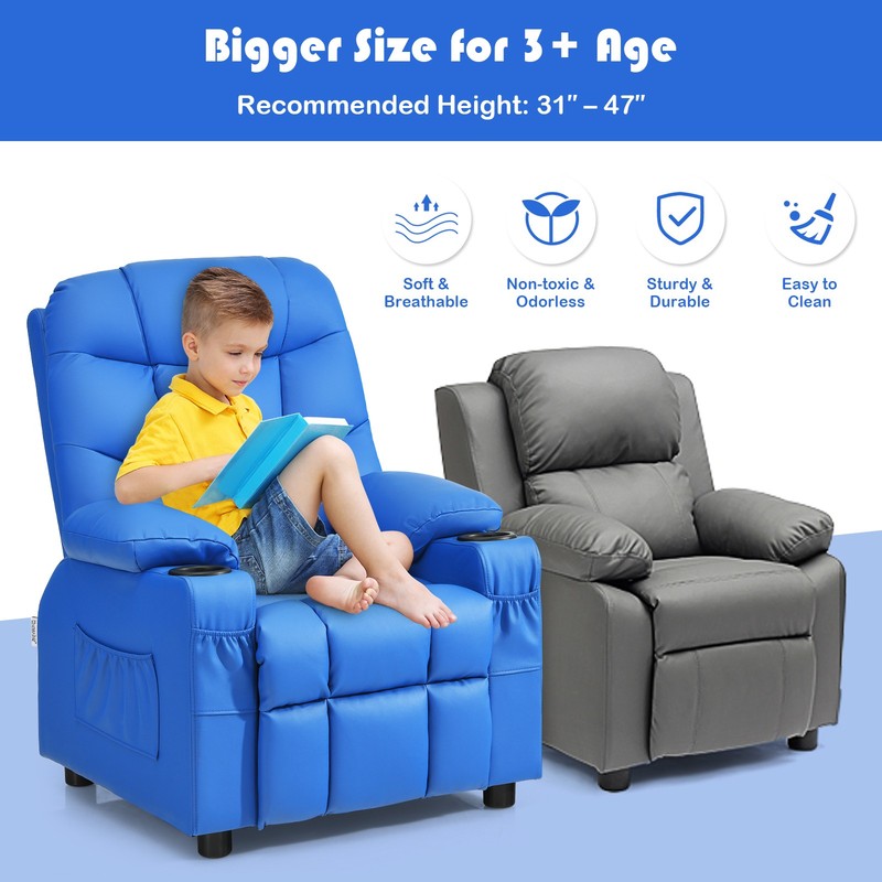 Honeyjoy Kids Youth Recliner Chair PU Leather w/Cup Holders & Side Pockets Blue gallery