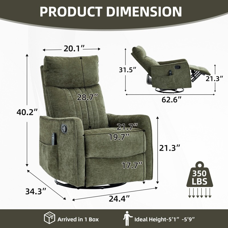 Green Massage Recliner Chair with Heat, Rocker & Swivel gallery