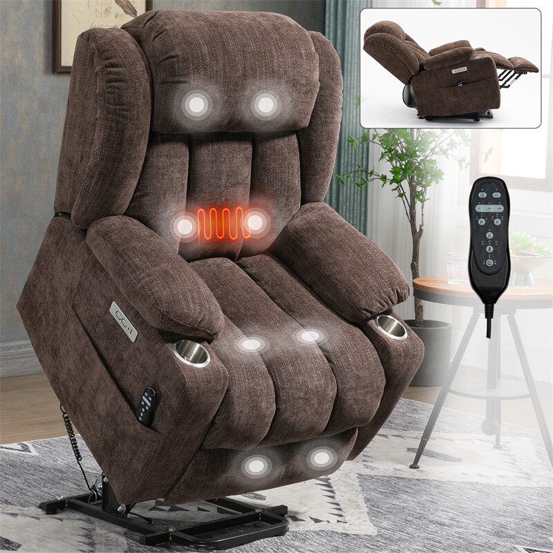 Chenille Power Lift Recliner Chair 8-Point Vibration Massage and Lumbar Heating