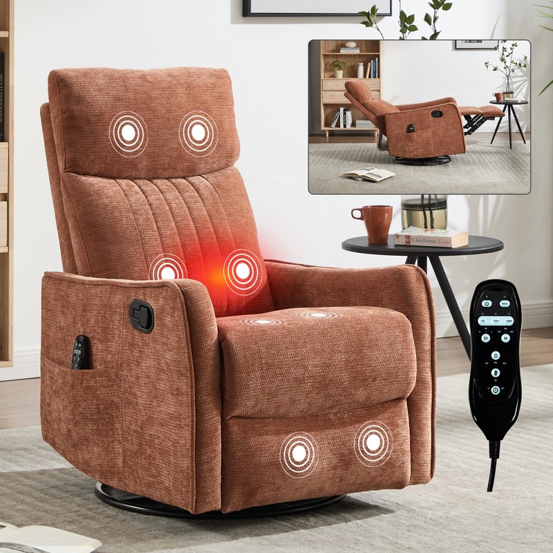 Orange Fabric Manual Recliner Chair with Massage, Heat, Rocker & Swivel