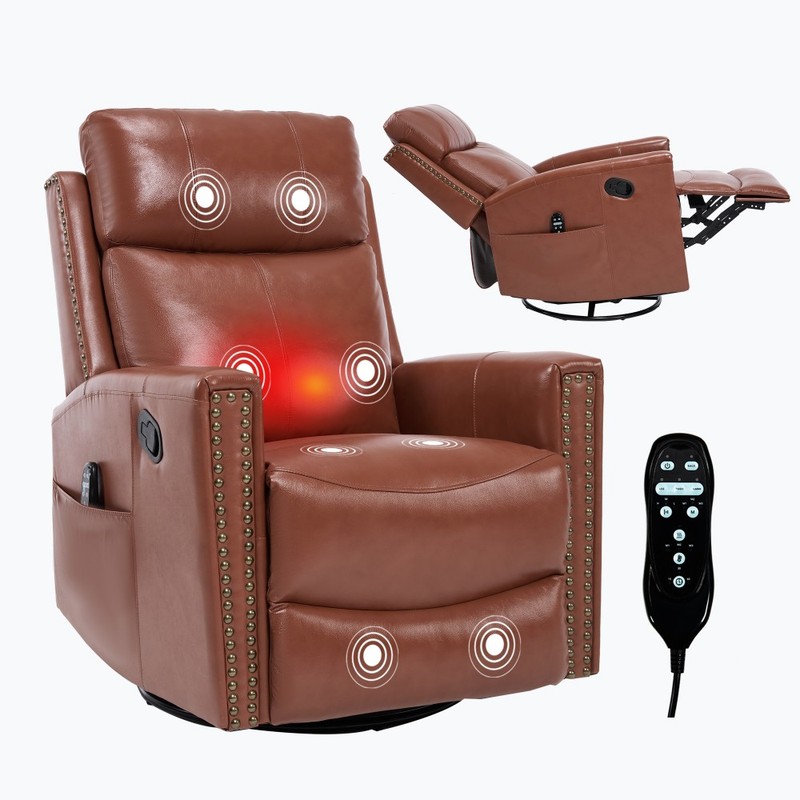 Massage Recliner Chair – Heated, Genuine Leather,Rocking & Swivel,Manual Recline