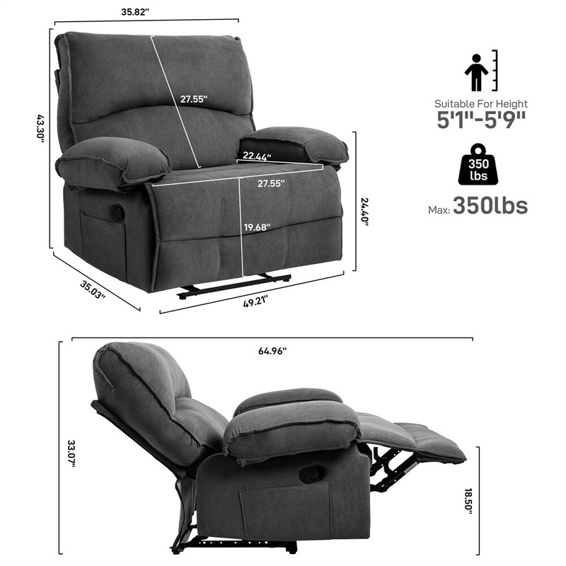 27.5" Oversized Manual Recliner Chair Sofa with Heating Vibration Capacity 350lb gallery
