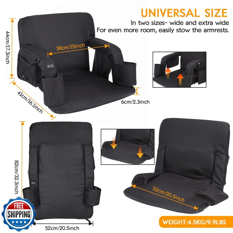 CAMULAND Heated Massage Stadium Seat with Back Support – Reclining, Foldable ... gallery