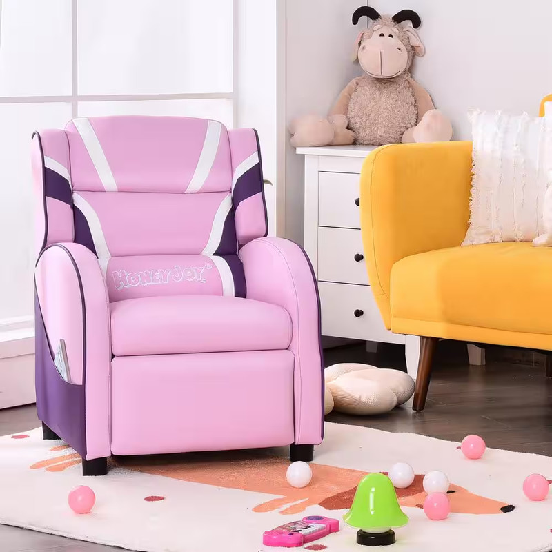 Pink Faux Leather Upholstery Kids Recliner Gaming Sofa W/Side Pockets gallery