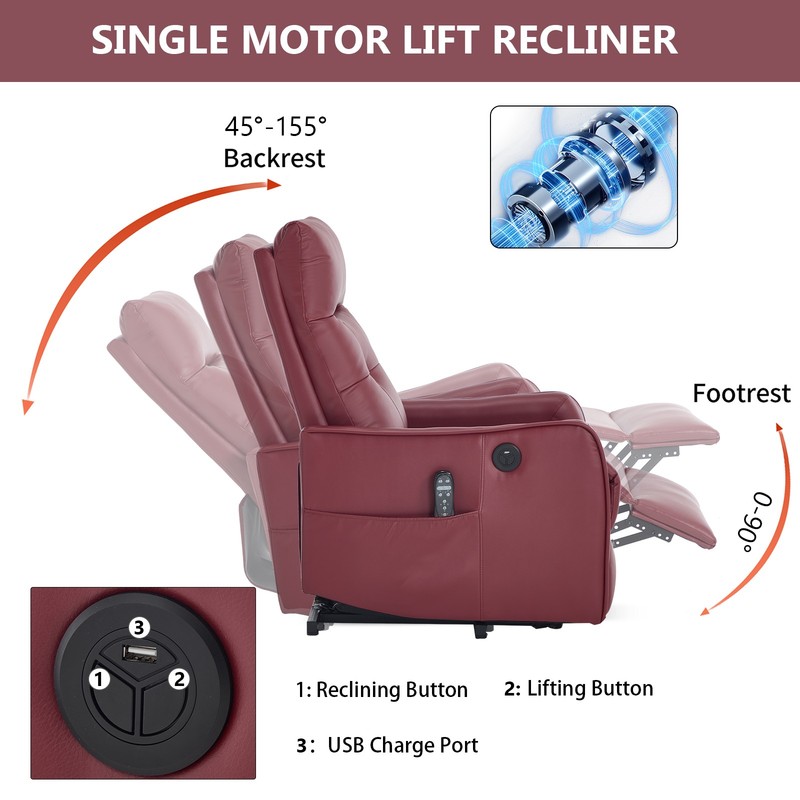 Power Lift Recliner Chair with Massage & Heat, Wine Red, 155° Max Recline gallery