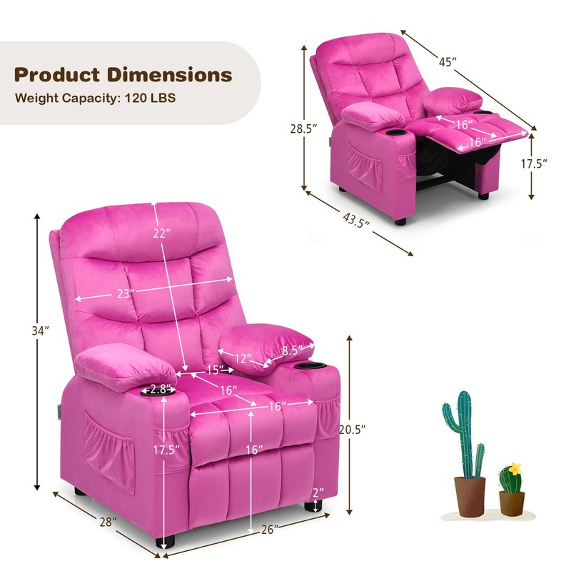 Kids Youth Recliner Chair Velvet Fabric w/Cup Holder & Side Pocket Pink gallery