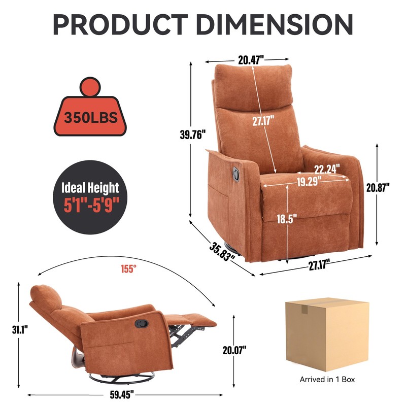 Manual Recliner Chair with Massage, Heat, Rocker & Swivel, Orange gallery
