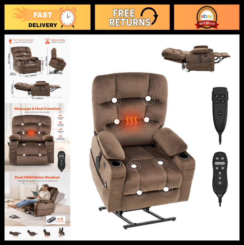 Power Lift Recliner Chair with Heat & Massage, Dual Motor, USB Port, 2 Cup Holde