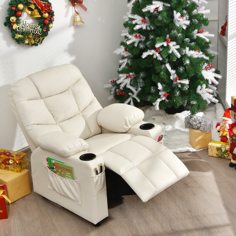 Costway Kids Youth Recliner Chair PU Leather w/Cup Holders & Side Pockets Beige gallery