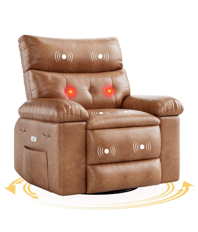 Swivel Rocker Recliner Chair 27″ PU Leather Heat Massage 360° Remote Wide Seat