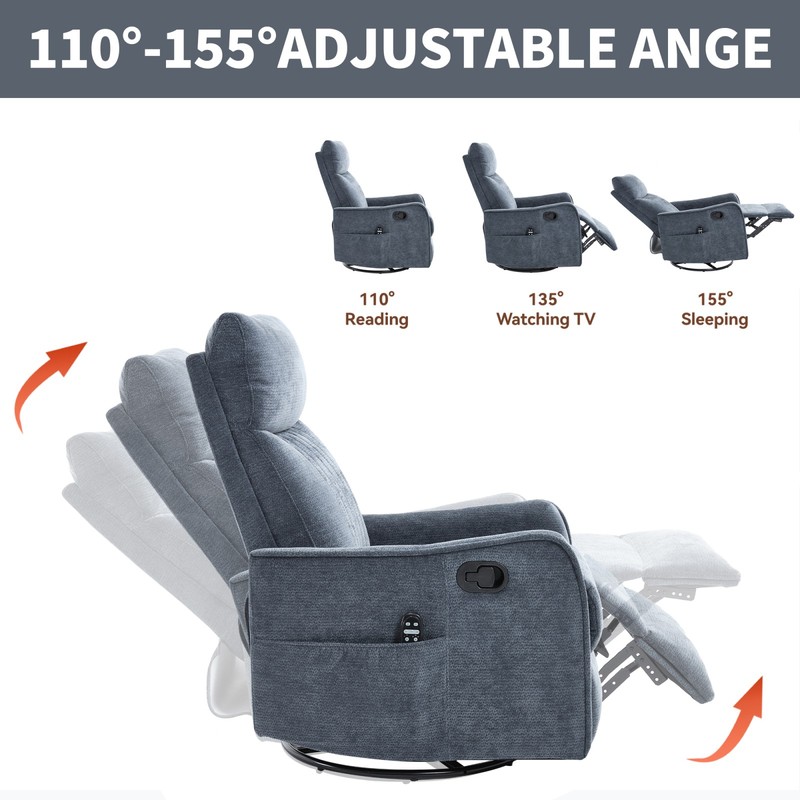 Blue Fabric Recliner Chair with Massage, Heat, Swivel & Rocker gallery