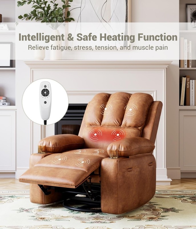Power Recliner Chair with Massage Heat Swivel Leather USB Ports Side Pockets gallery