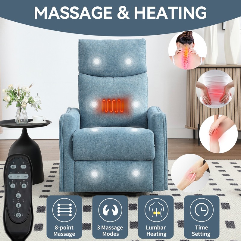 Massage Recliner Chair with Rocker, Swivel, Heat, Blue Fabric gallery