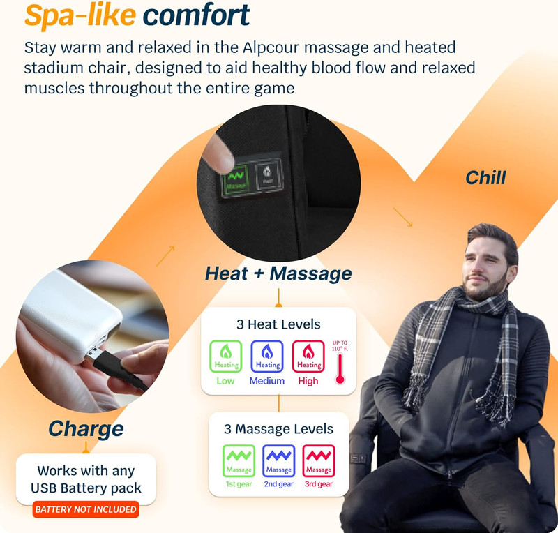 Alpcour Heating Massage Stadium Seat – Deluxe Extra-Wide Reclining Bleacher Chai gallery
