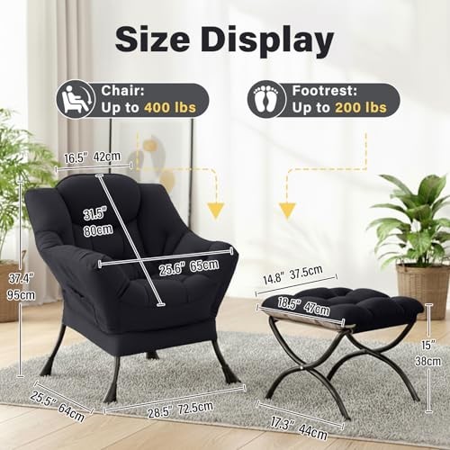 Lazy Chair and Ottoman Velvet Large Accent Chair with a Side Pocket, Black gallery