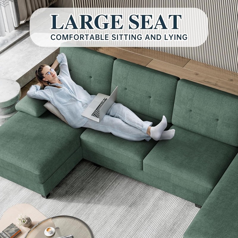 U-Shaped Sectional Couches for Living Room, 4 Seat Sofa with 105 Inch, Green gallery