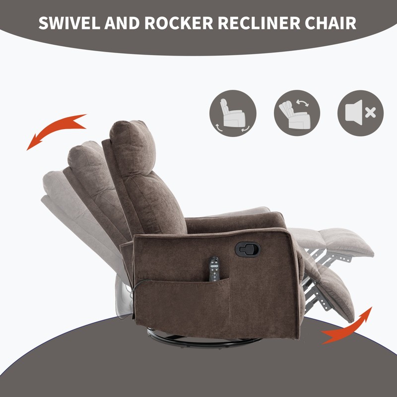 Massage Recliner Chair with Heat, Rocker, Swivel, Brown Fabric gallery