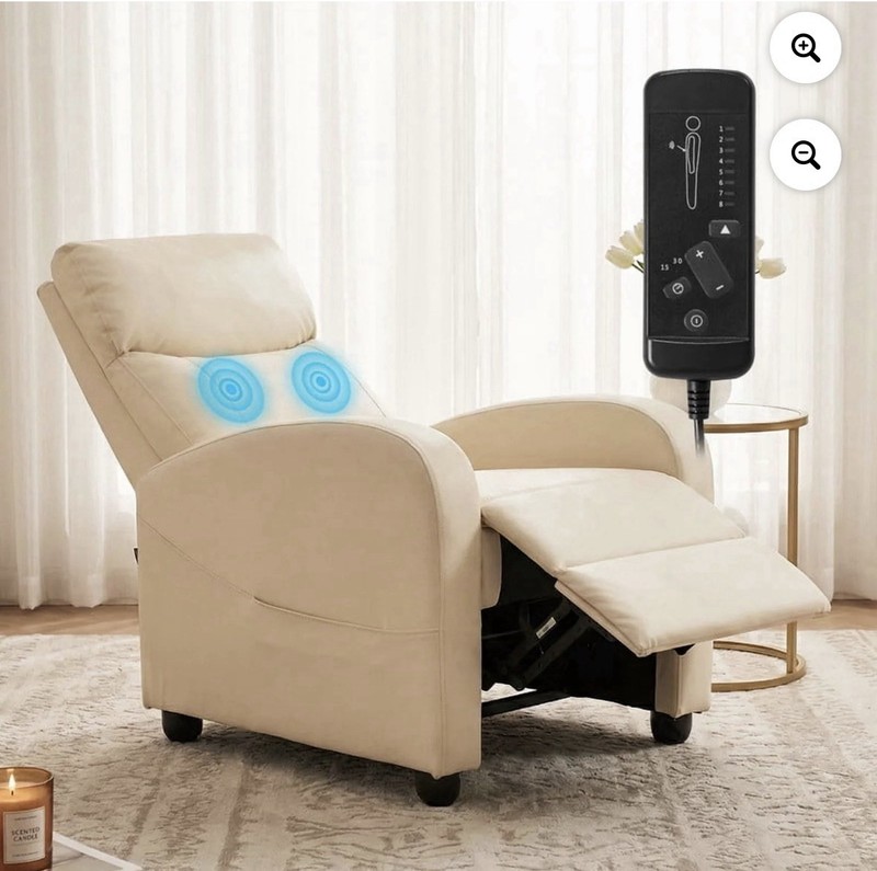 Beige Recliner Vibrating Massage Chair w/ Remote, Retractable Footrest 300 lb