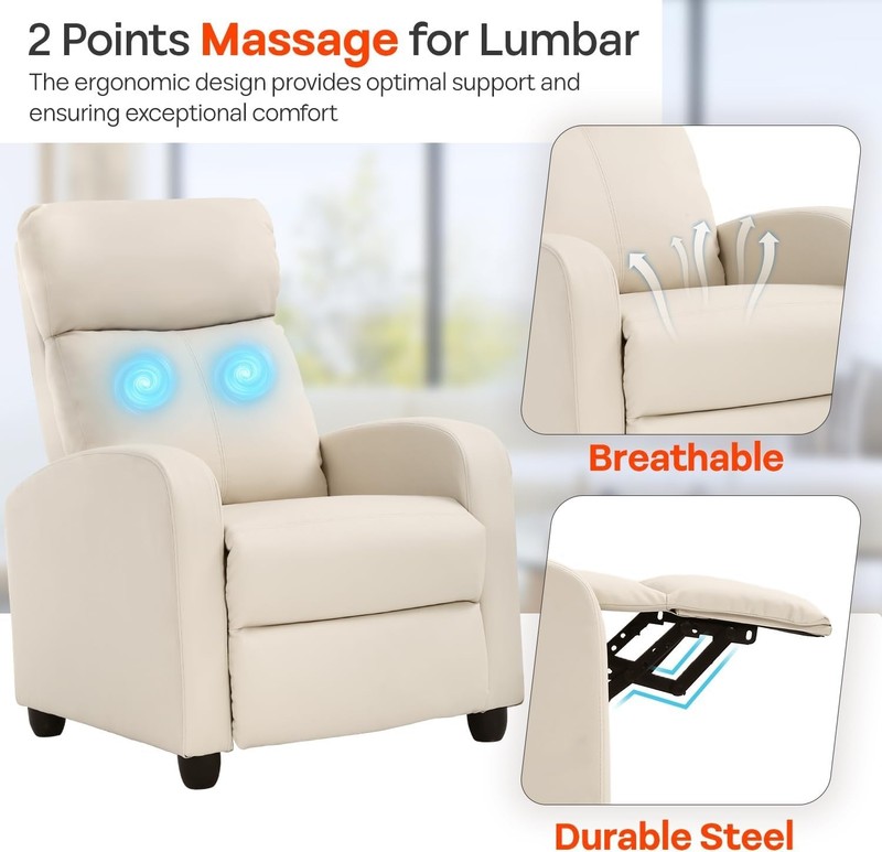 Beige Leather Massage Recliner Chair with Lumbar Support for Ultimate Relaxation gallery
