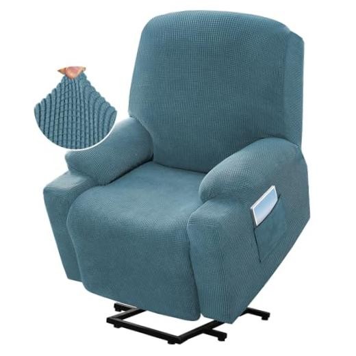 High Stretch Recliner Slipcover with Side Pocket Electric Power Lift Storm Blue
