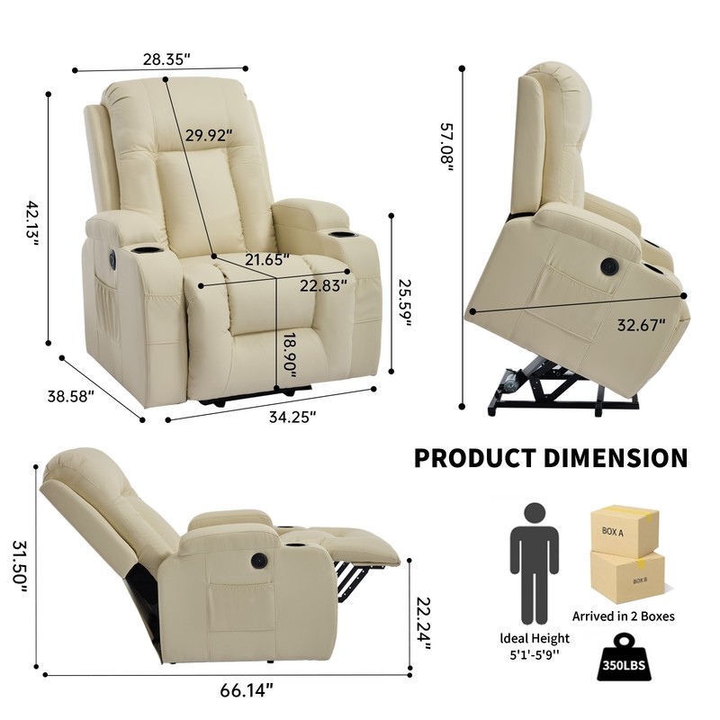 Power Lift Recliner Chair with Massage & Heat, 350 lbs Capacity, Beige gallery