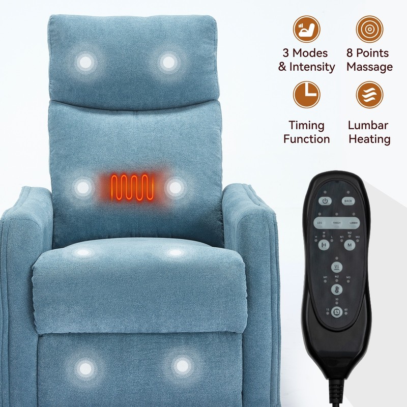 Massage Recliner Chair with Rocker, Swivel, Heat, Blue Fabric gallery