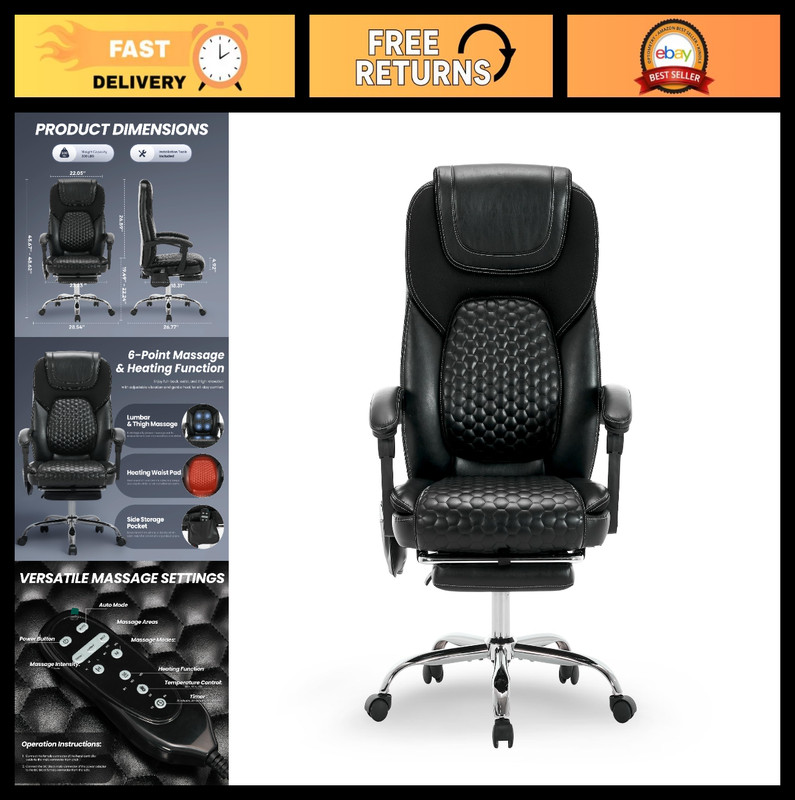 Massage Office Chair with Heat & Footrest, Big & Tall Leather Desk Chair 300 lbs