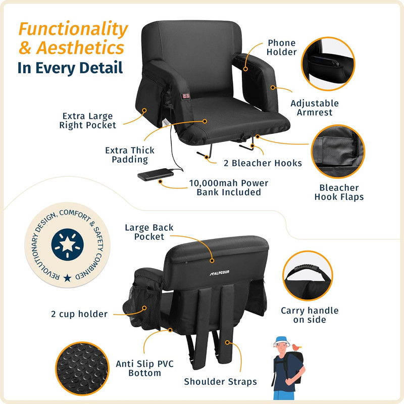 Alpcour Heated Massage Reclining Stadium Seat for Bleachers – Wide Bleacher Chai gallery