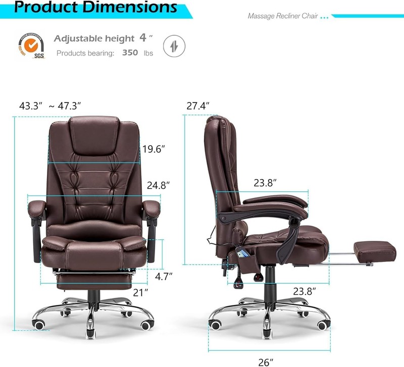 Executive Massage Office Chair with Heat, Reclining Footrest, Brown Leather gallery