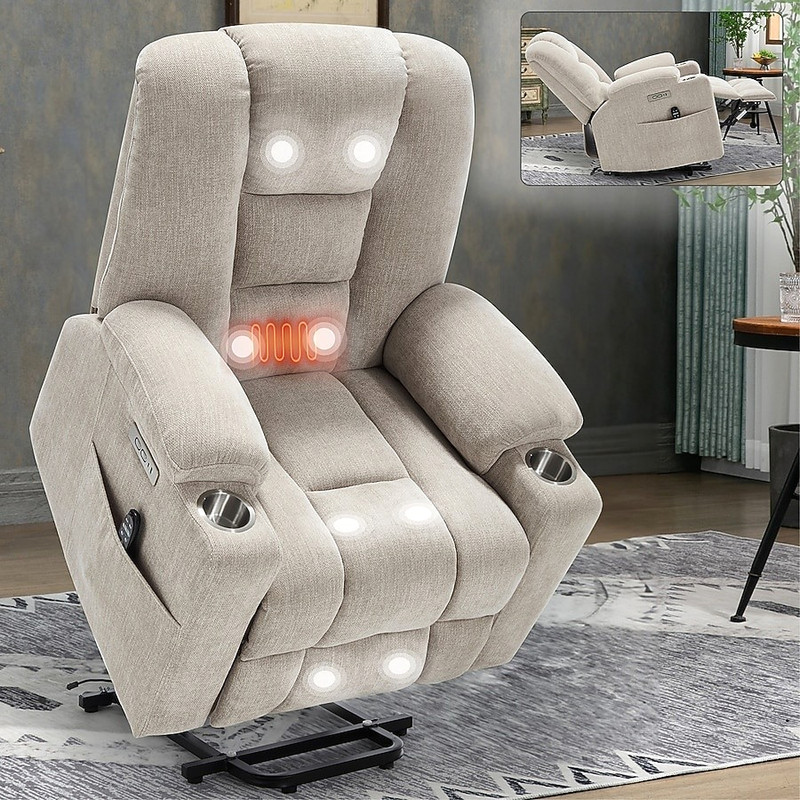 GZMR Power Lift Recliner w/ Heat & 8-Point Massage, Beige Chenille