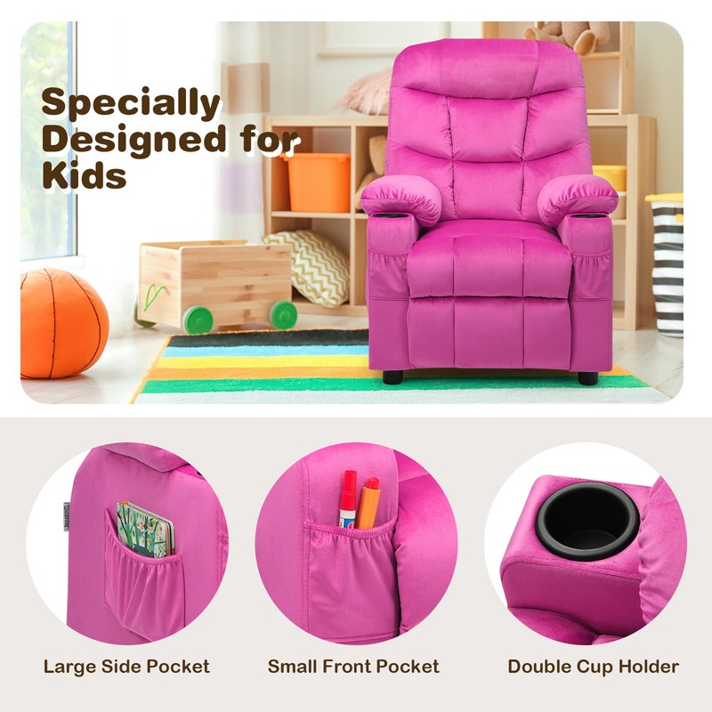 Costway Kids Youth Recliner Chair Velvet Fabric w/Cup Holder & Side Pocket Pink gallery