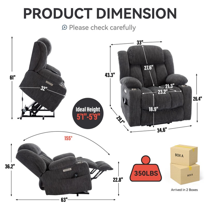 Heavy Duty Electric Massage Chairsm - Upto 350 LBS Chenille Power Recliner Chair gallery