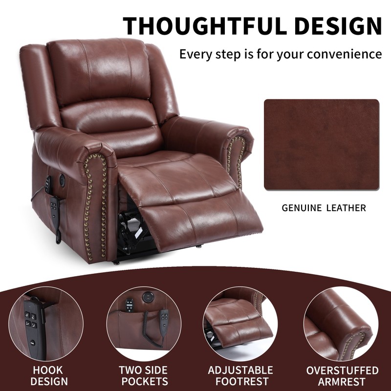 Power Lift Recliner Chair with Heat & Massage, Dual Motor, Genuine Leather, Red gallery