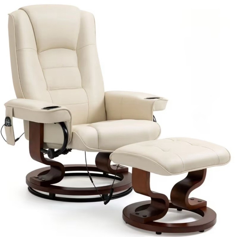 Beige Faux Leather Heated Massage Recliner Chair with Ottoman, 360° Swivel