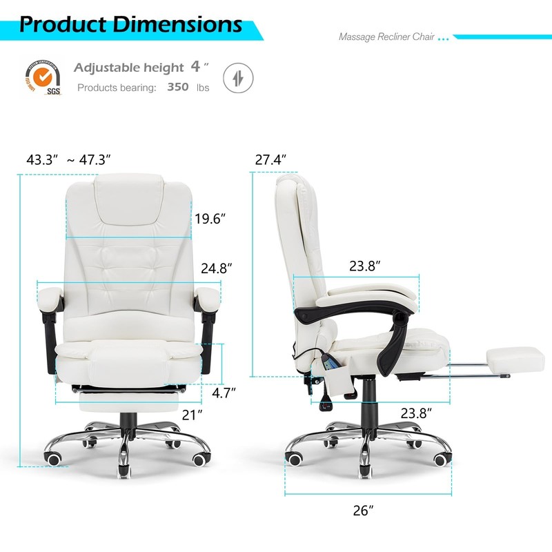 Executive Massage Office Chair with Heat, Reclining Footrest, White Leather gallery