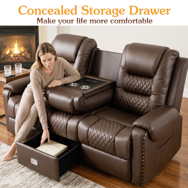 Oversized PU Leather Massage Recliner Chair 3-Seat Sofa Couch w/Drawer,USB Brown gallery