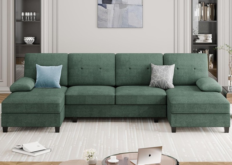 U-Shaped Sectional Couches for Living Room, 4 Seat Sofa with 105 Inch, Green gallery