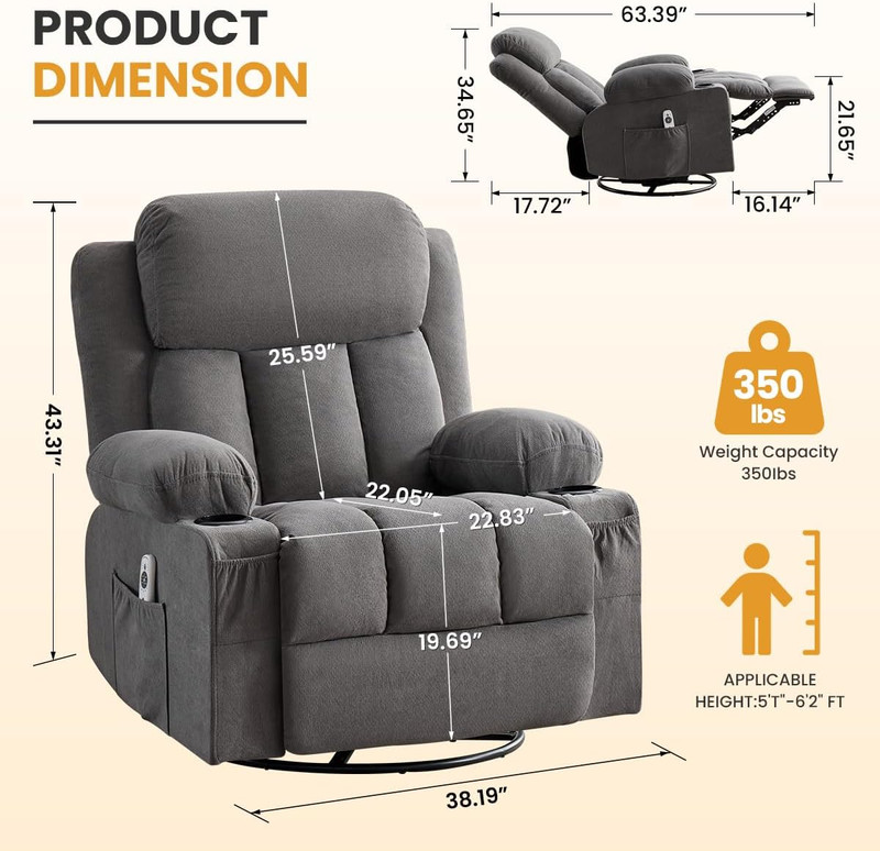 BOSMILLER Swivel Rocker Recliner Chair with Vibration Massage and Lumbar Heating gallery