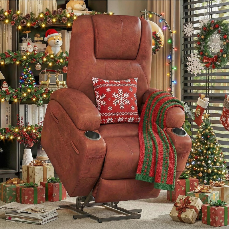 Brown Electric Power Lift Recliner Chair with Massage & Cup Holders