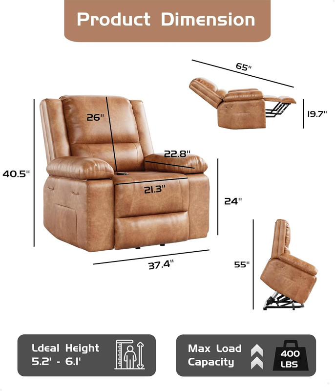 Power Lift Recliner Chair - Heat and Massage, Adjustable Back and Legs, PU Leath gallery