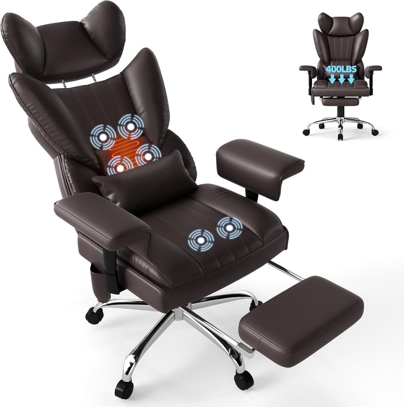 Massage Heated Office Chair with Foot Rest - 6 Points Vibration Big and Tall