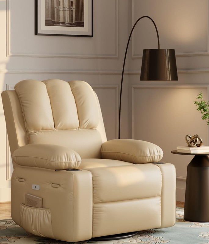 22" Medium-Seat Power Recliner Chair Leather Swivel Massage Heat USB Pockets gallery